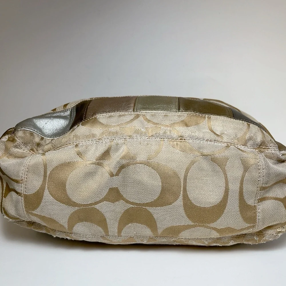 Coach Womens Canvas Stripe Patch Hobo Tan Shoulder Bag